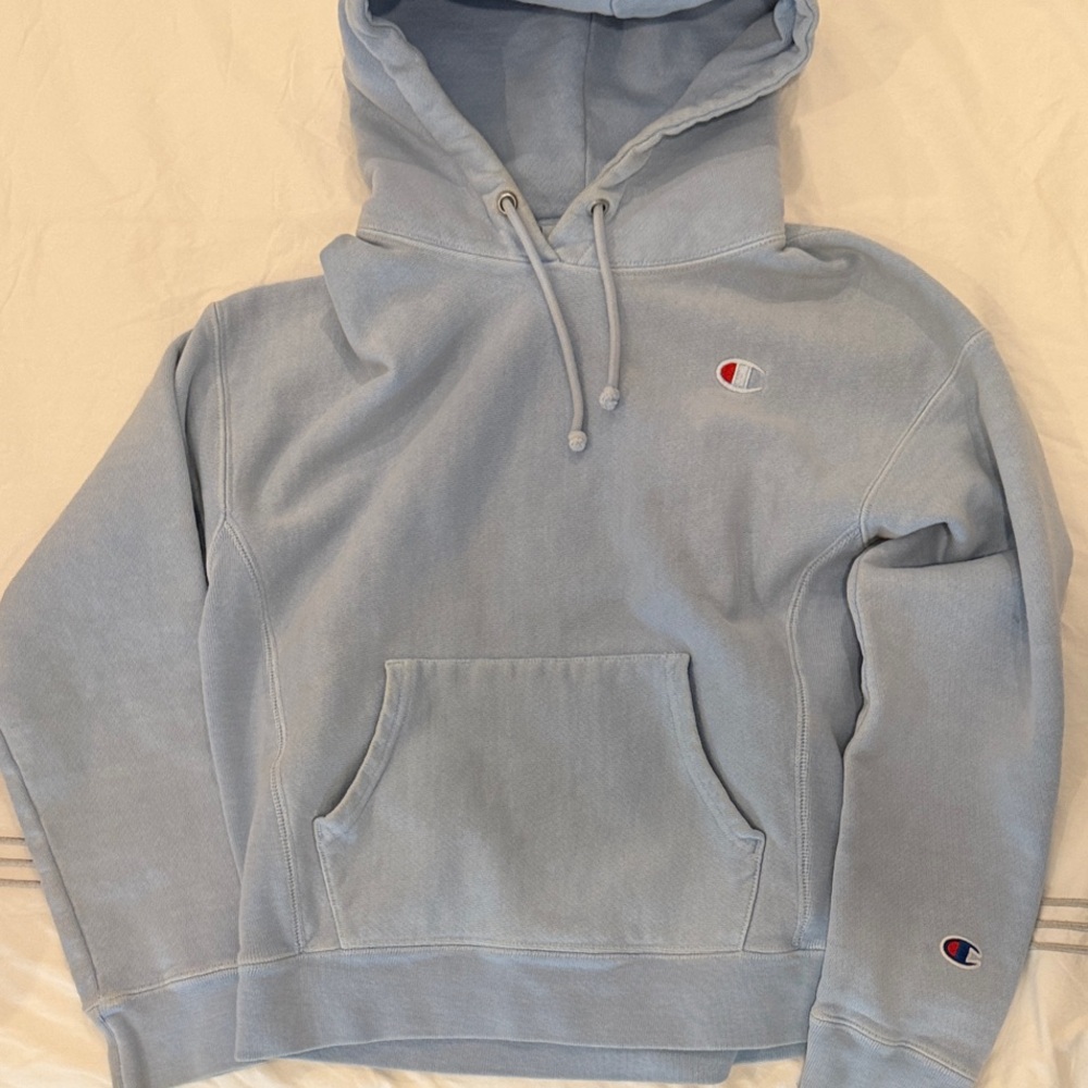Champion Light Blue Pullover Hoodie with Embroidered Logos